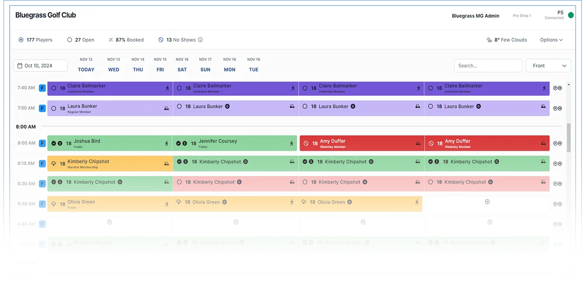 Tee On tee sheet management software showing a weekly booking schedule with player details and tee time assignments